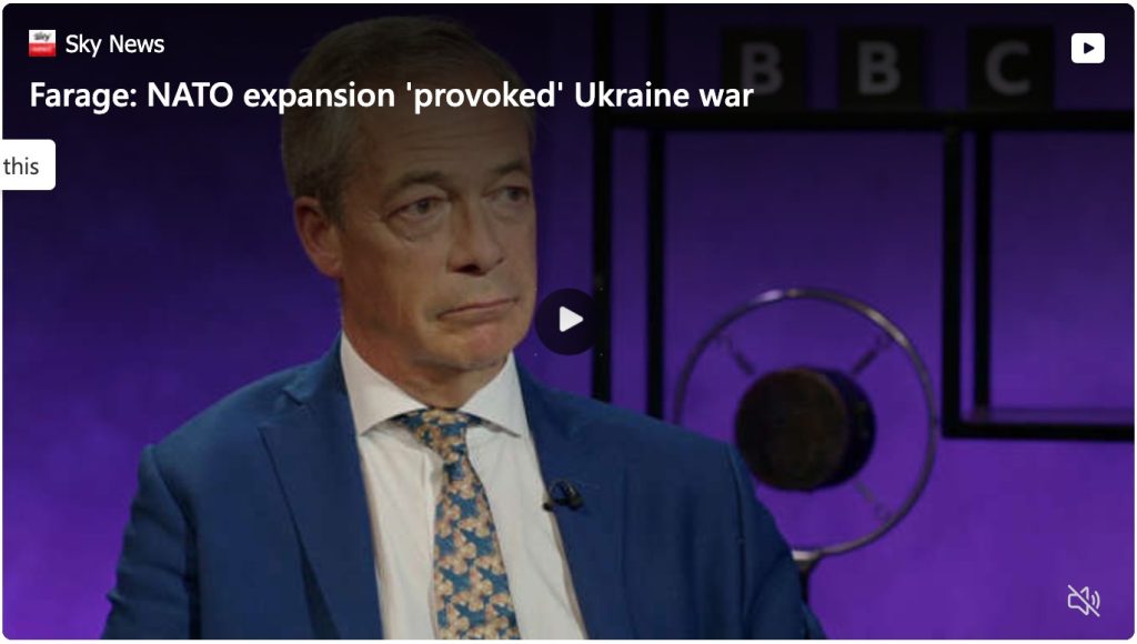 Farage: Vesten og NATO har skyld i Russlands invasjon av Ukraina