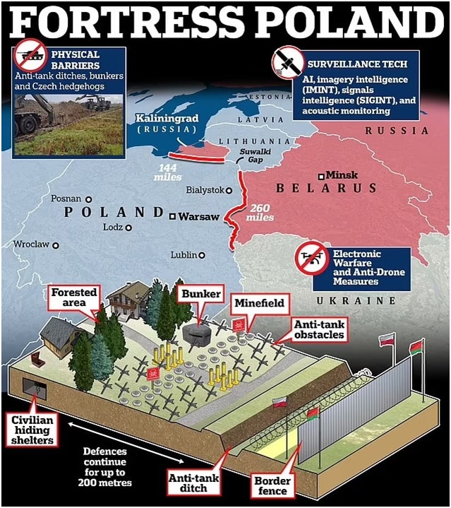 Christen Krogvig mener Norge bør bygge en forsvarslinje i samarbeid med Sverige og Finland helt fra Finskebukta til Norskehavet, på samme måte som Polen i denne illustrasjonen.