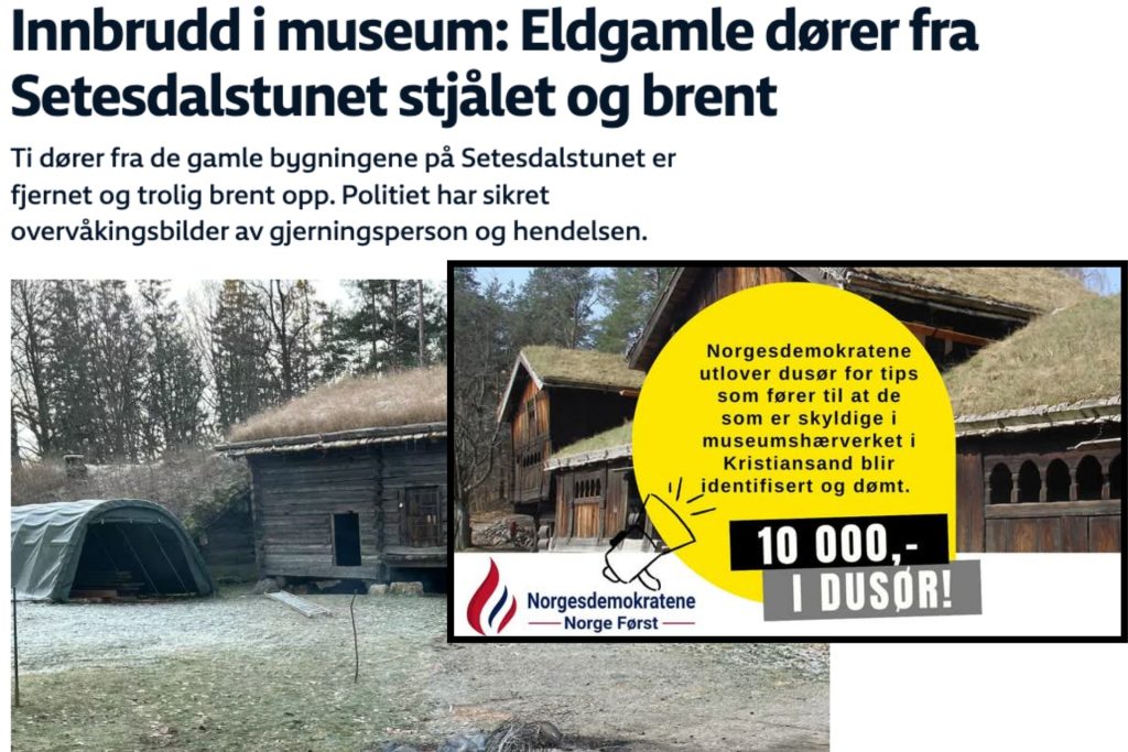 Innbrudd i museum: Eldgamle dører fra Setesdalstunet stjålet og brent