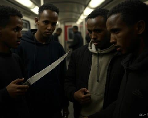 Fire unge somaliere med kniv på t-banen. Illustrasjonsbildet laget med kunstig intelligens, Grok på X. Mennene på bildet eksisterer ikke i virkeligheten.