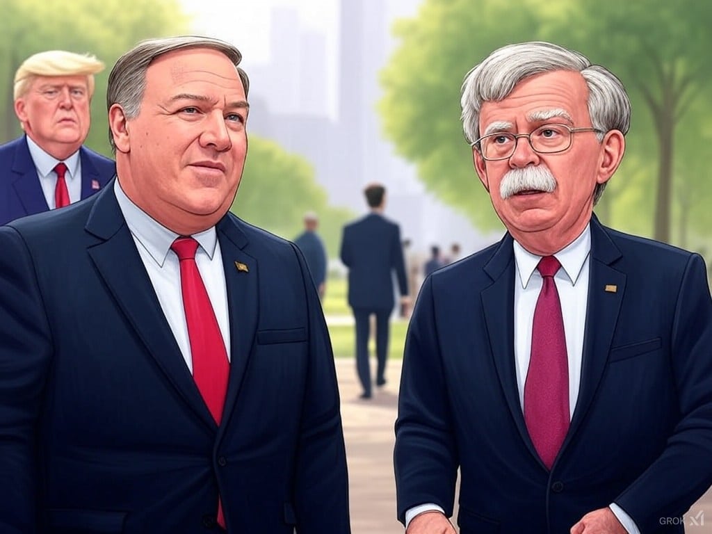 Donald Trump fjerner livvakter til Mike Pompeo og John Bolton. Illustrasjon med kunstig intelligens, Grok på X.