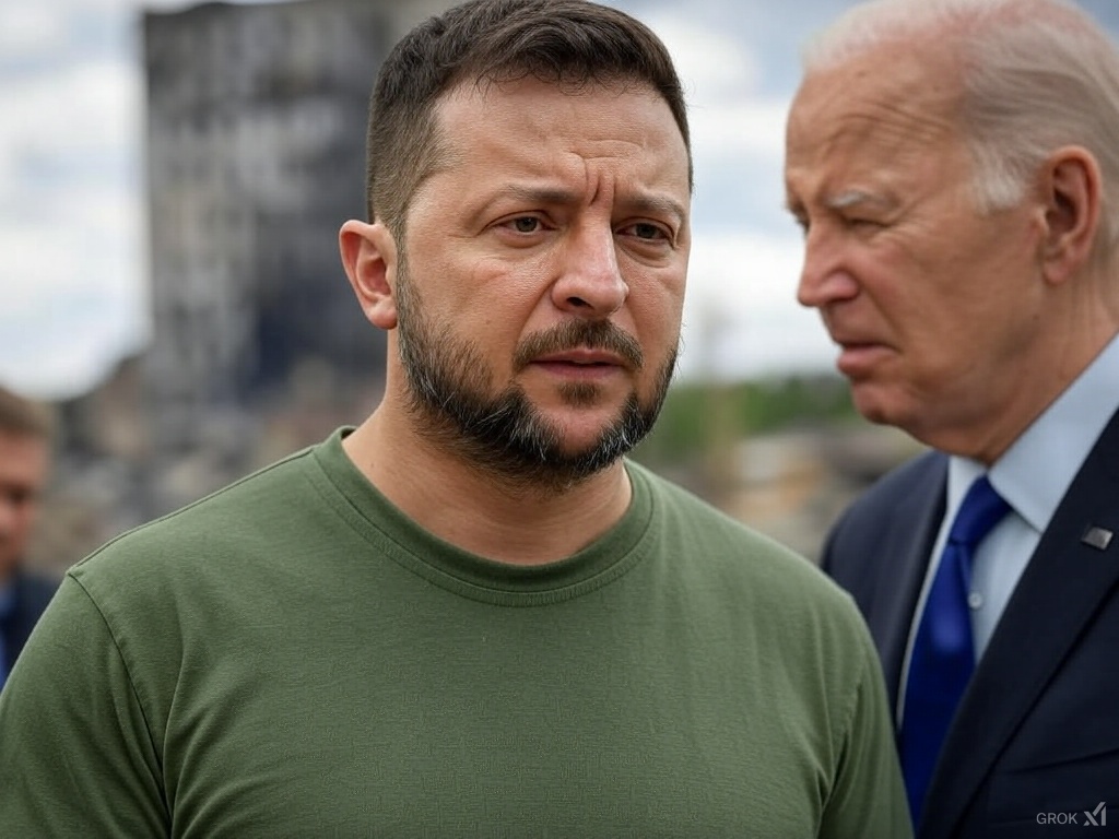 Biden, NATO og Vesten ødela Ukraina. Folk som Volodymyr Zelenskyj og Joe Biden har et stort ansvar for tragedien i Ukraina. Foto: KI, Grok på X.