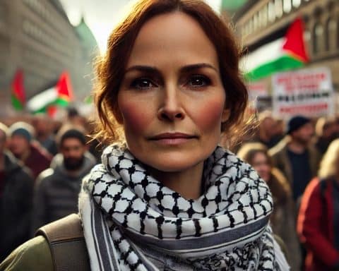 Siden Uten Filter ikke har tilgang på fritt tilgjengelige bilder av yrkesdemonstranten, har vi bedt ChatGPT om å lage et kunstig bilde av en kvinnelig Palestina-aktivist i 40-årene omgitt av demonstranter, med bilde av Bull Tessand fra FB innebygd i saken.