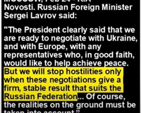 Sergej Lavrov 24. februar: «The president clearly said that we are ready to negotiate with Ukraine, in good faith, would like to help achieve peace. But we will stop hostilities only when these negotiations give a firm, stable result that suits the Russian Federation... Of course, the realities on the ground must be taken into account.»