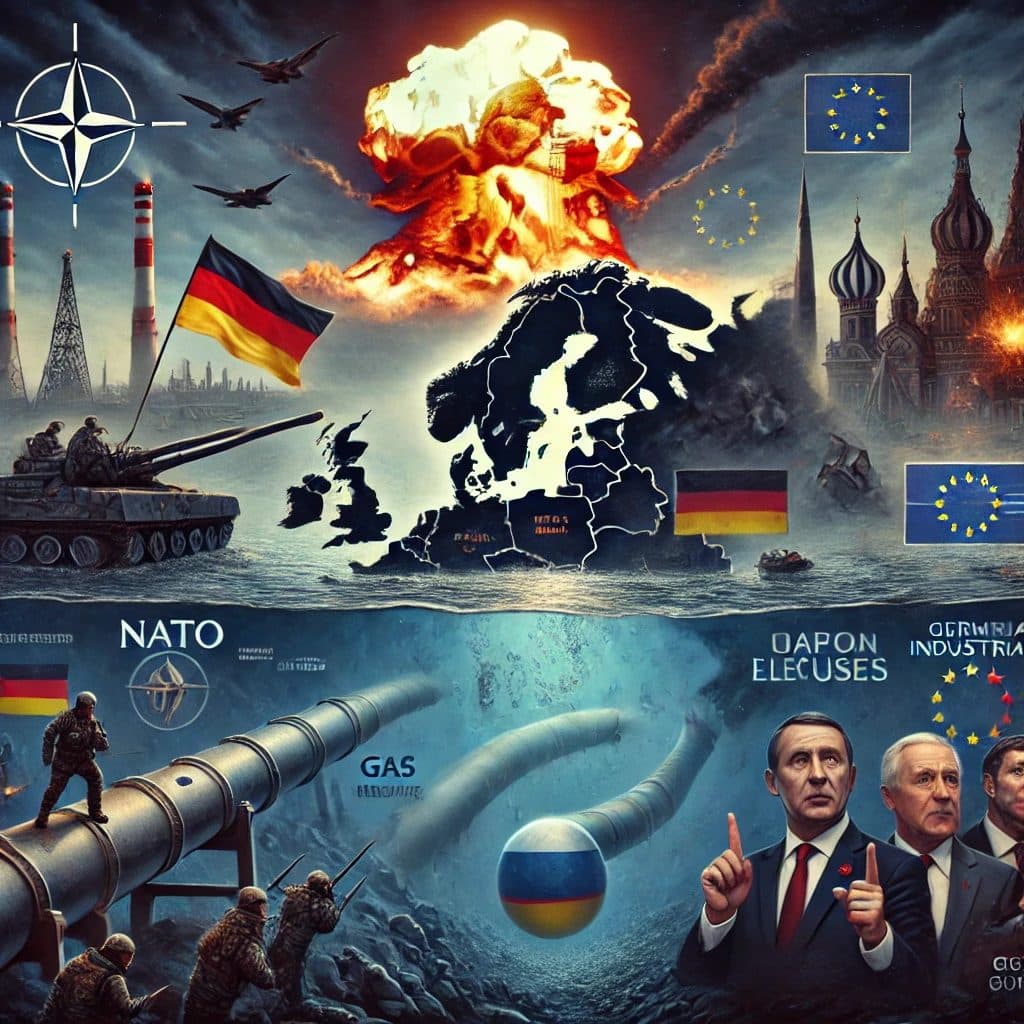 Et synlig tap for EU og NATO i Ukraina vil få dramatiske konsekvenser for tysk europeisk politikk. AfD vil gjenåpne Nord Stream, og nederst til høyre ser vi tyske industriledere som presser på for å få rimelig og stabil energi fra Russland. Illustrasjon: KI med ChatGPT.