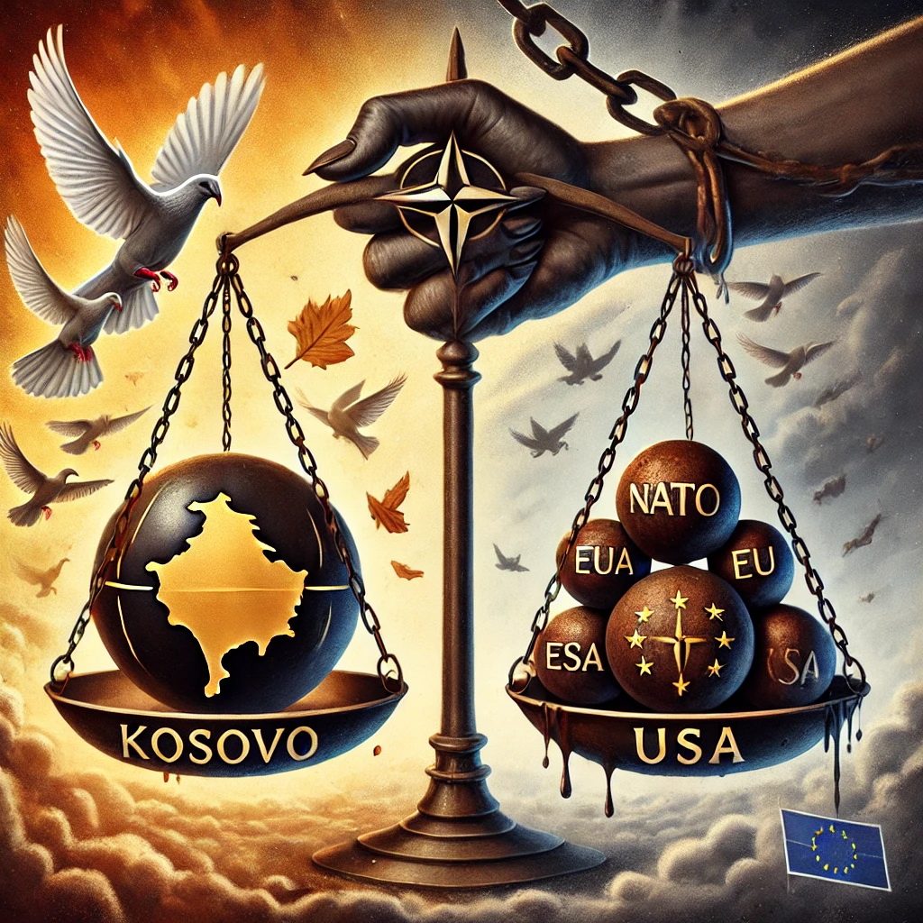 Den symbolske vekten som viser kontrasten mellom Kosovo og Krim. Ilustrasjon: KI, ChatGPT/ Dall-E.