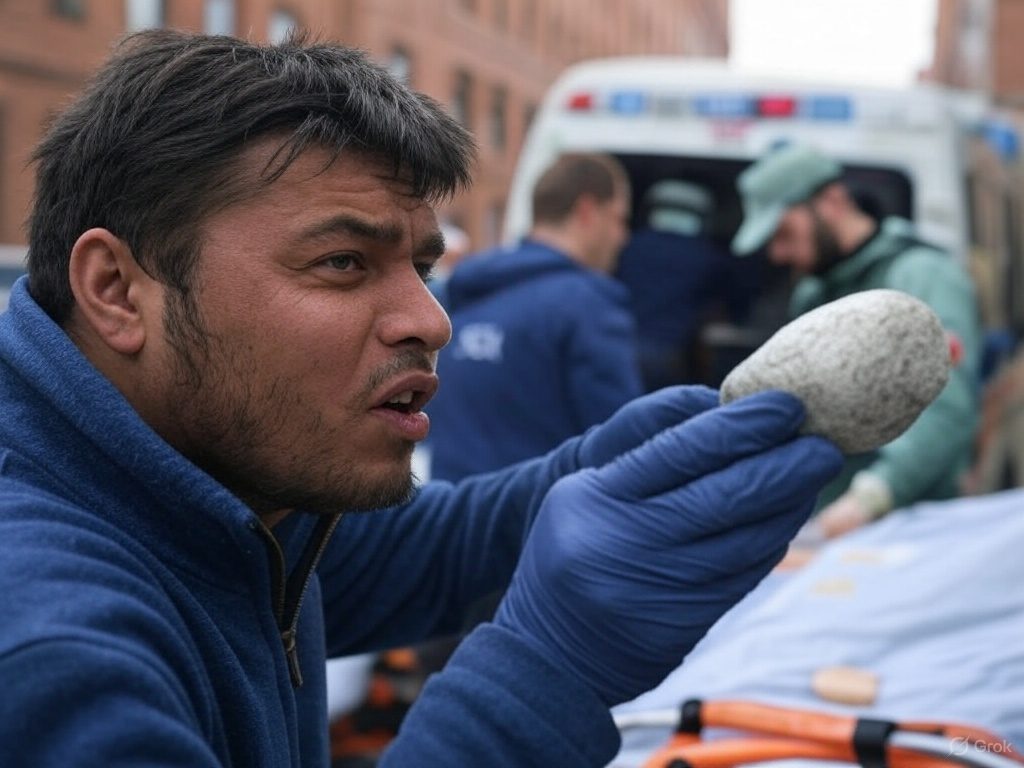 Afghansk migrant kaster stein, bildet laget med KI, Grok på X.