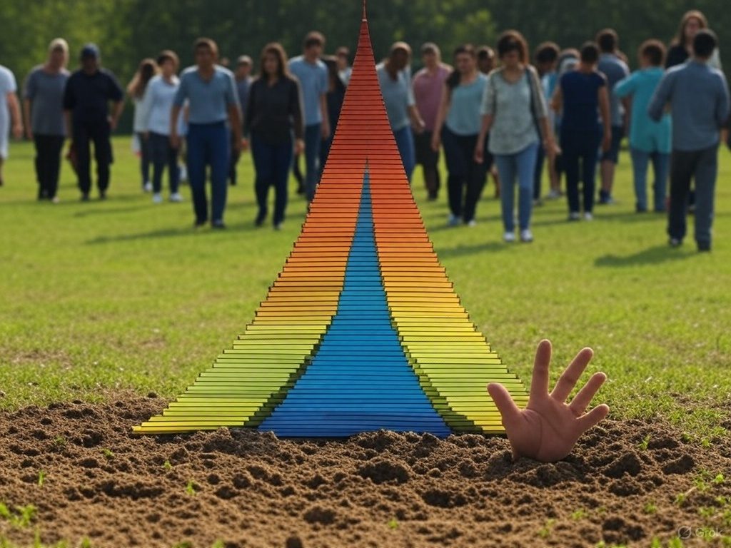 Alderspyramide: Illustrasjonen er en omvendt befolkningspyramide, der basen (de unge) er smal og toppen (de eldre) er bred, for å vise at det er flere eldre enn yngre i samfunnet. Pyramiden er farget i graderte nyanser – fra blått i bunnen (få unge) til rødt på toppen (mange eldre) – for å understreke ubalansen visuelt. Laget med KI, Grok på X.