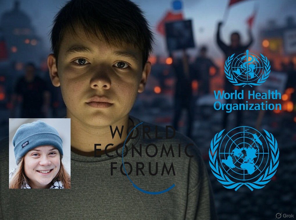Criticus skriver om ungdommers reelle klimaangst, med FN, WEF, NGO-er og nasjonale myndigheter som pådrivere. Bildet laget med KI, Grok på X, med logoer fra organisasjonene og bilde av Greta Thunberg.